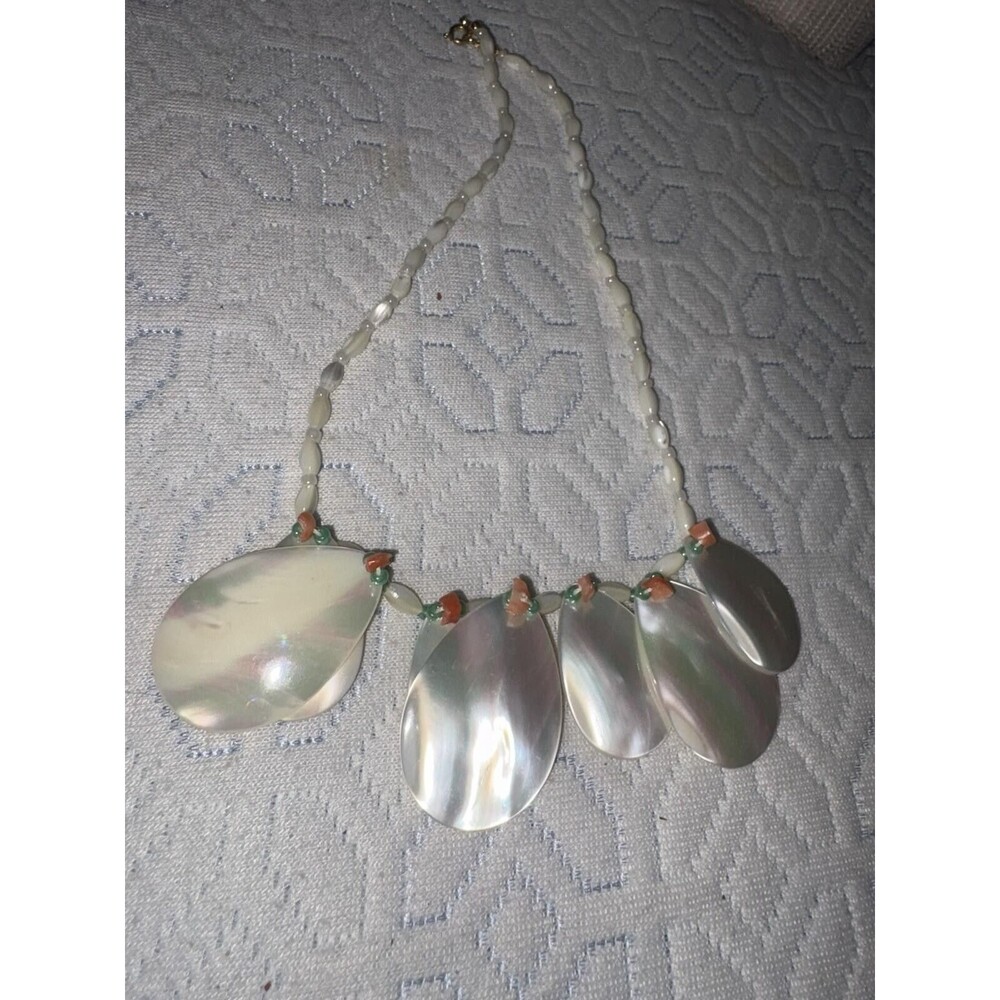 MOTHER OF PEARL SHELL AND BEADED NECKLACE - 15" NECKLACE - With Angel Skin Coral